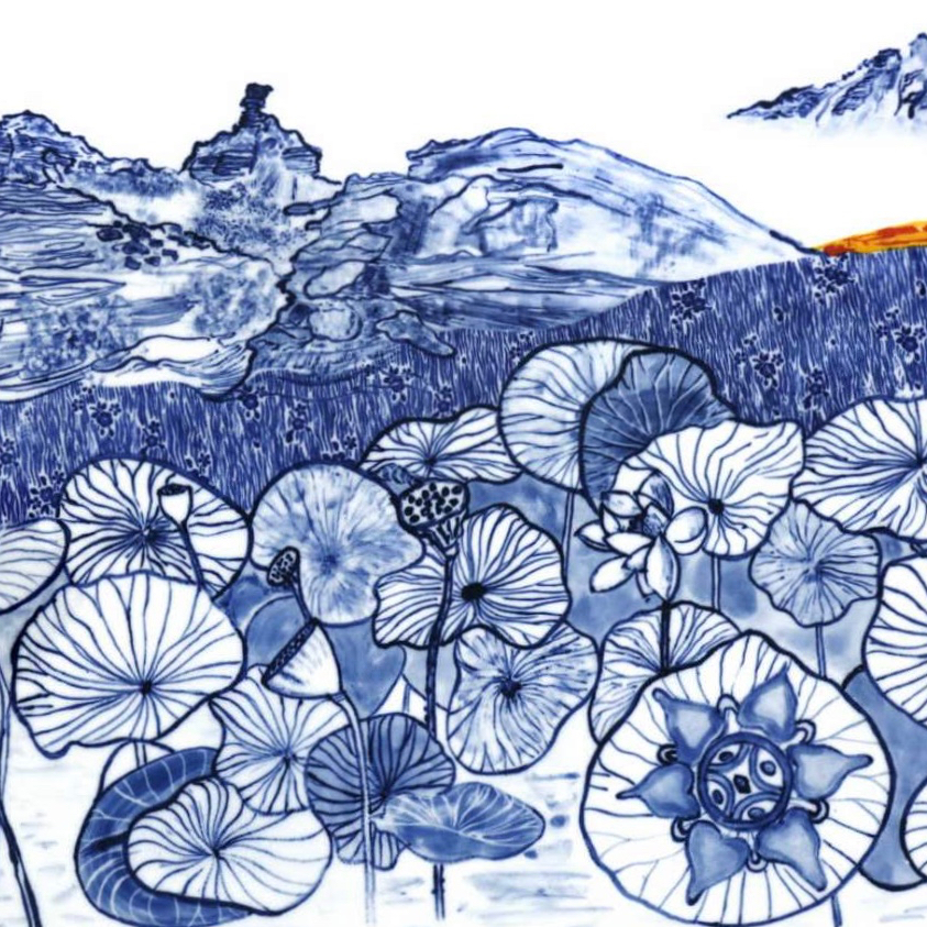 Mirima Lotus (detail)
2018 
Jingdezhen porcelain, 
cobalt and underglaze decoration, decals, glaze 
120 x 80cm
photo: Josef Muller
