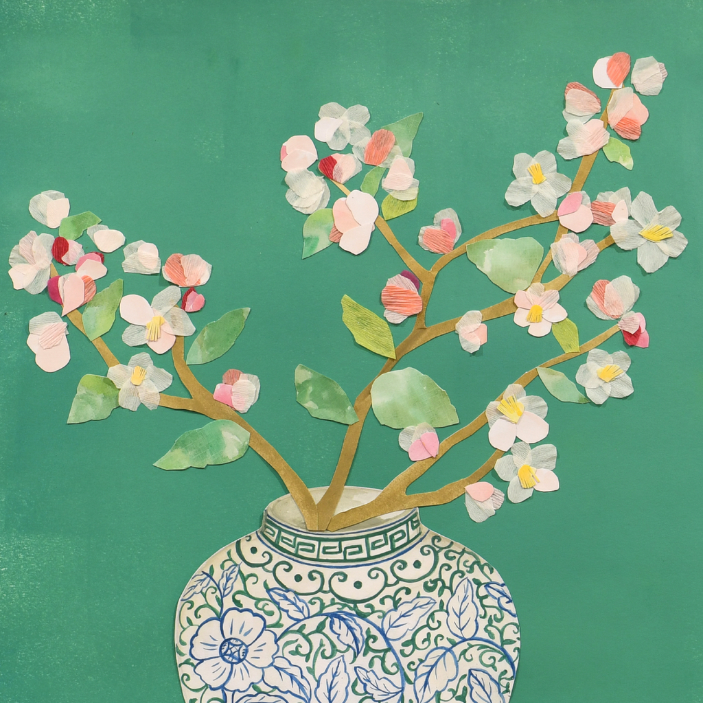 Close up detail of collage cherry blossom flowers and leaves