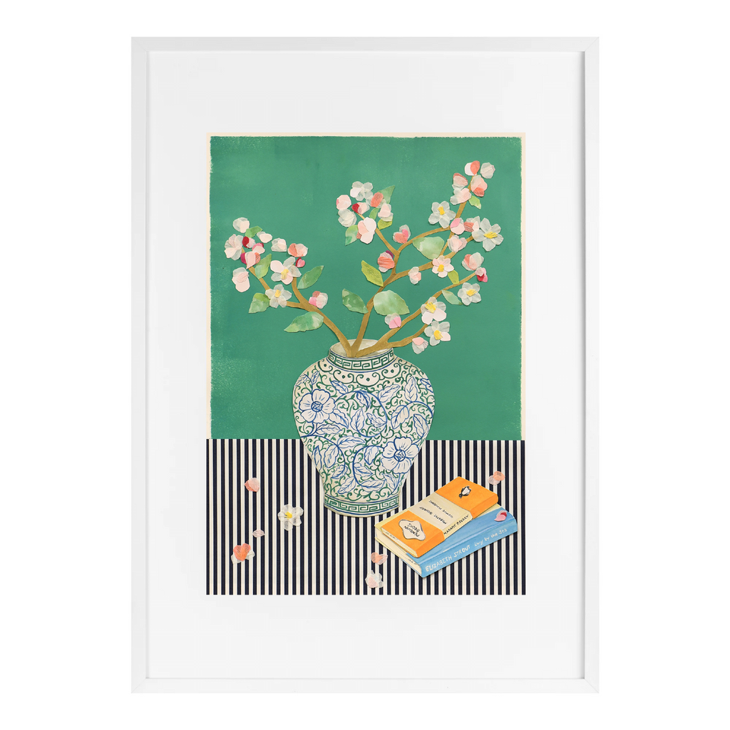 Cherry blossoms and chinoiserie vase. Watercolour and crepe paper collage on block ink. Framed under glass.