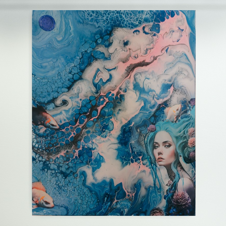 Finlee 
Siren series 2024 
Embellished acrylic and ink on canvas.
Ready to hang