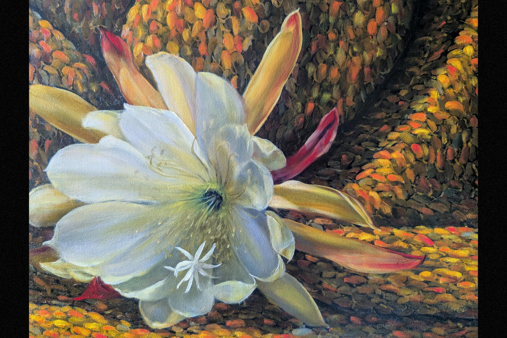 The painting is shown against a black background. The work is unframed, fitted with D-rings and ready to hang.
