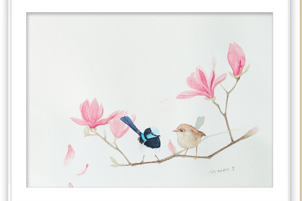 Gentle hues of pink, scene of birds