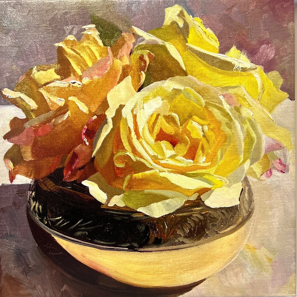 Three Yellow Roses in Brass Pot