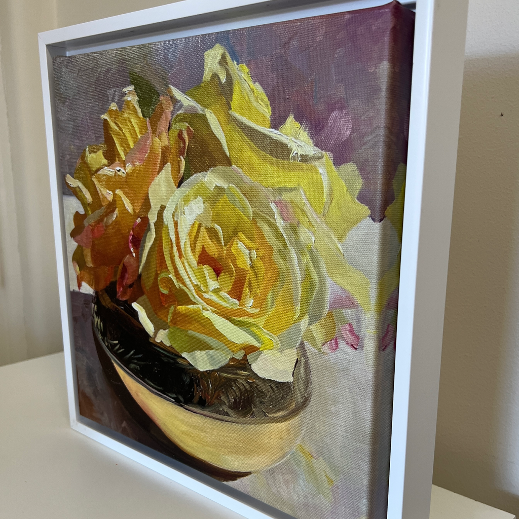 Three Yellow Roses in Brass Pot