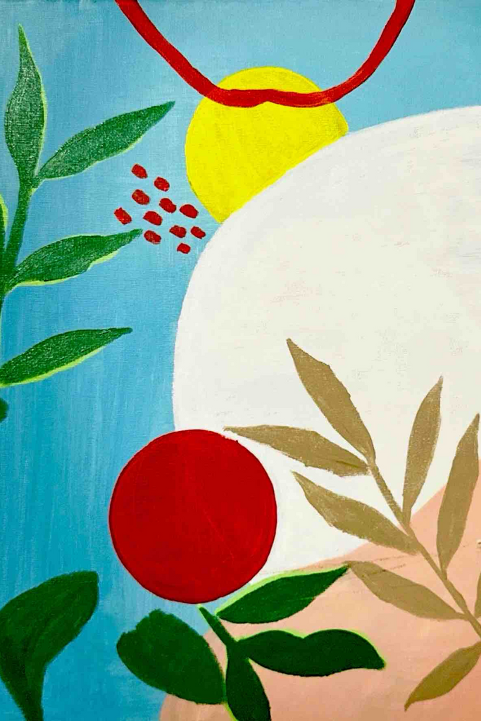 Nature meets form in this playful abstract—where leaves, circles, and light collide.