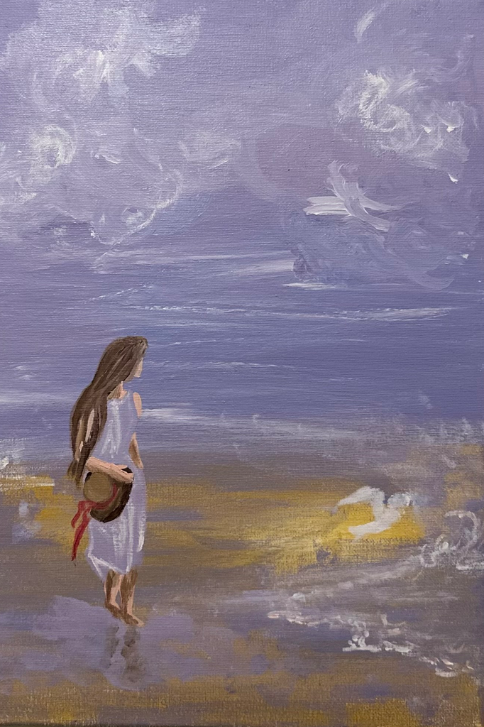 Left Painting (Girl walking barefoot on the beach with a satchel):
"She walks quietly along the shoreline, barefoot and free, her thoughts carried awa