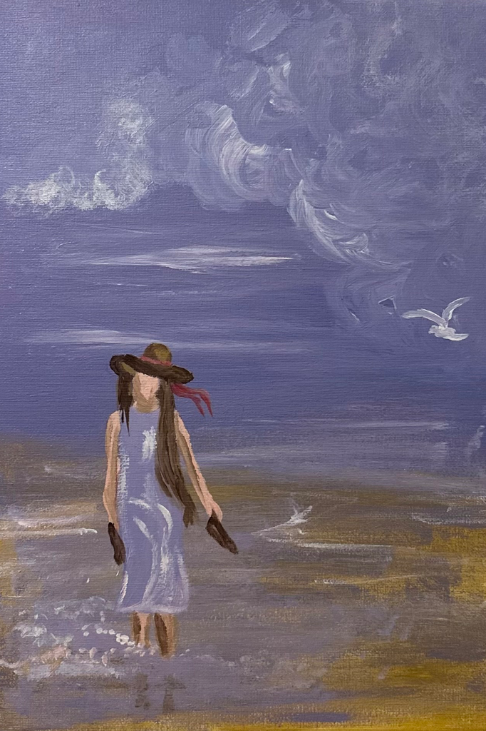 Right Painting (Girl with hat looking ahead at the sea, birds in the sky):
"With the sea stretching endlessly before her, she stands tall — calm, curi