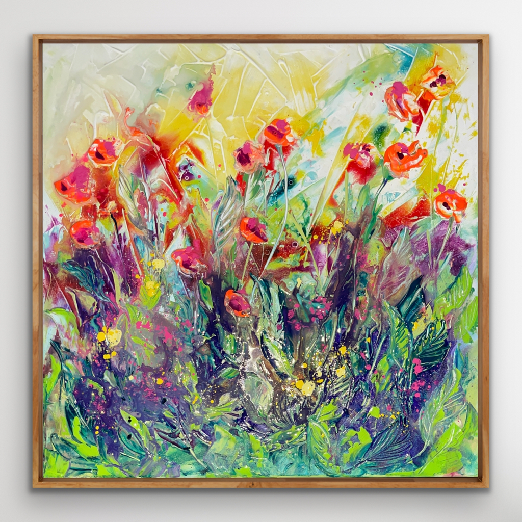 'Secret garden' image of complete painting in oak floating frame