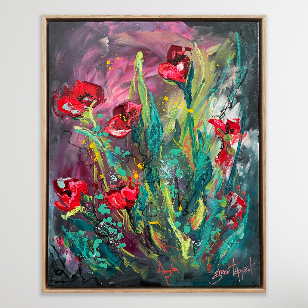 'Rich reds' - image of artwork in a floating oak frame