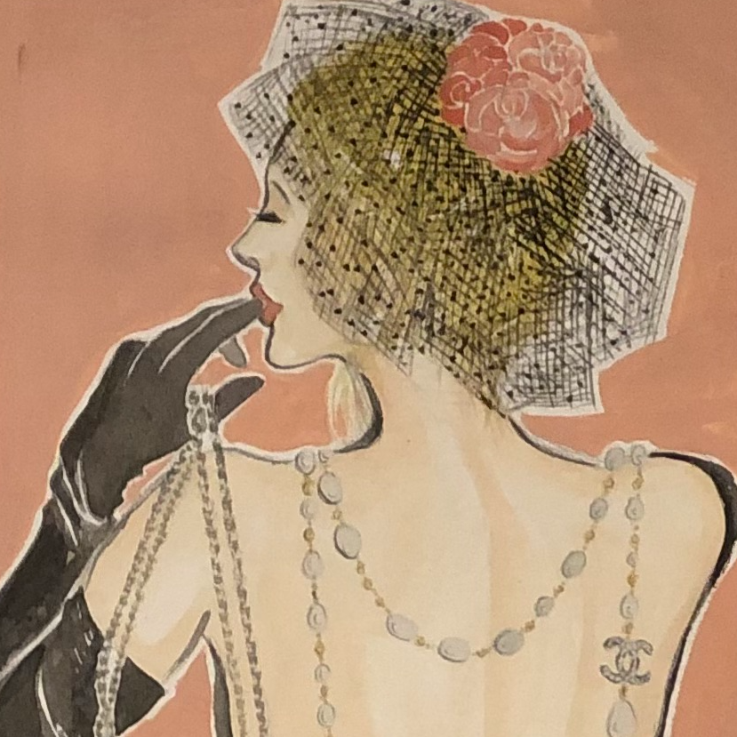 In this close-up, captivating details adorn the upper body—a backless dress, Chanel pearls, and elegant gloves—revealing timeless beauty and allure.