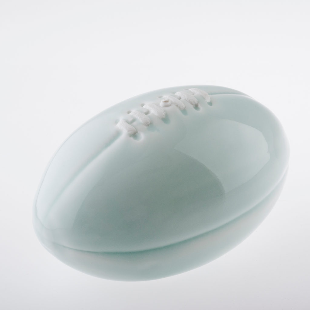 Celadon Footy
Jingdezhen Porcelain, Takeshi celadon glaze
180mm x 110mm x110mm each
Photo: Sam Oster