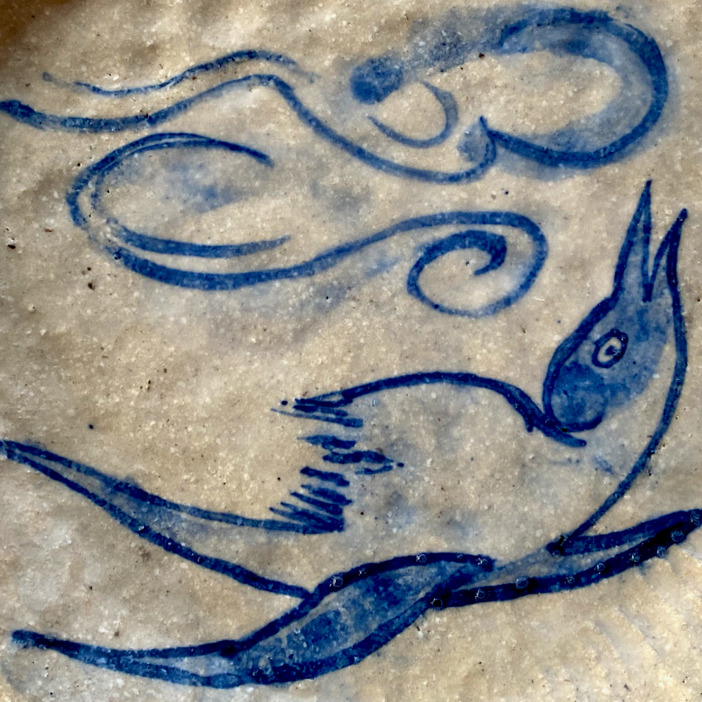 side plate with chirpy bird and clouds-detail (2023)
155 x 180 x 20mm
stoneware, cobalt decoration,glaze
photo: Gus Clutterbuck