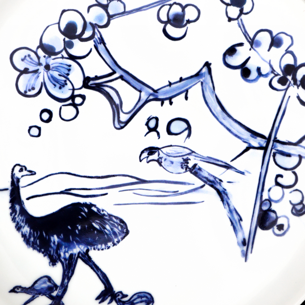 Gladys Reynell's Emus in Jiangxi (detail)
porcelain plate, cobalt underglaze decoration, glaze
photo: Josef Muller