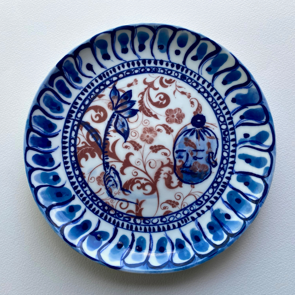 Boy and Lotus plate
Jingdezhen porcelain, glaze, decal, cobalt underglaze decoration.